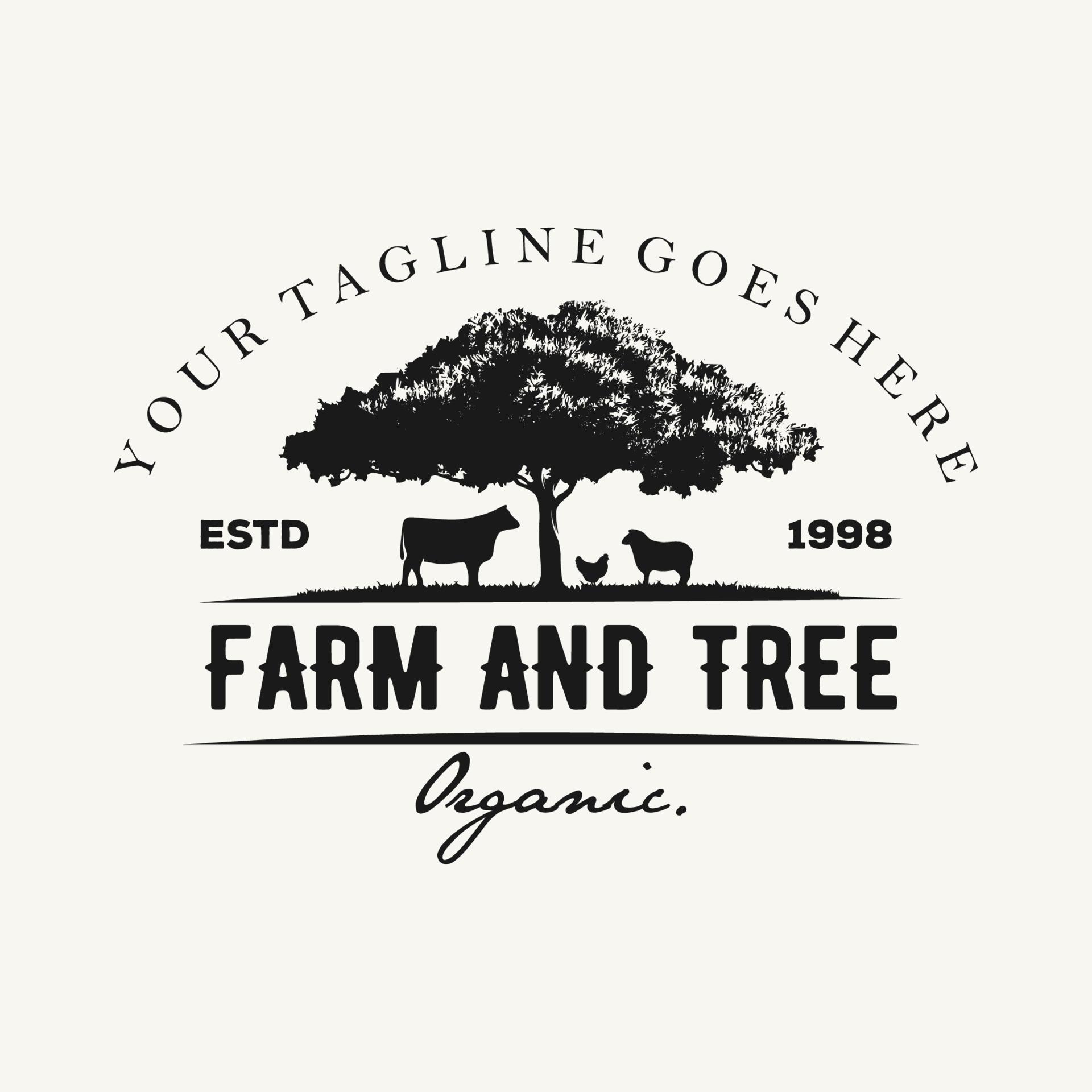 illustration of oak tree with animal farm vintage style logo premium