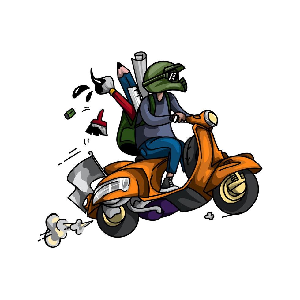 illustration of people riding motorbikes carrying painting tools vector