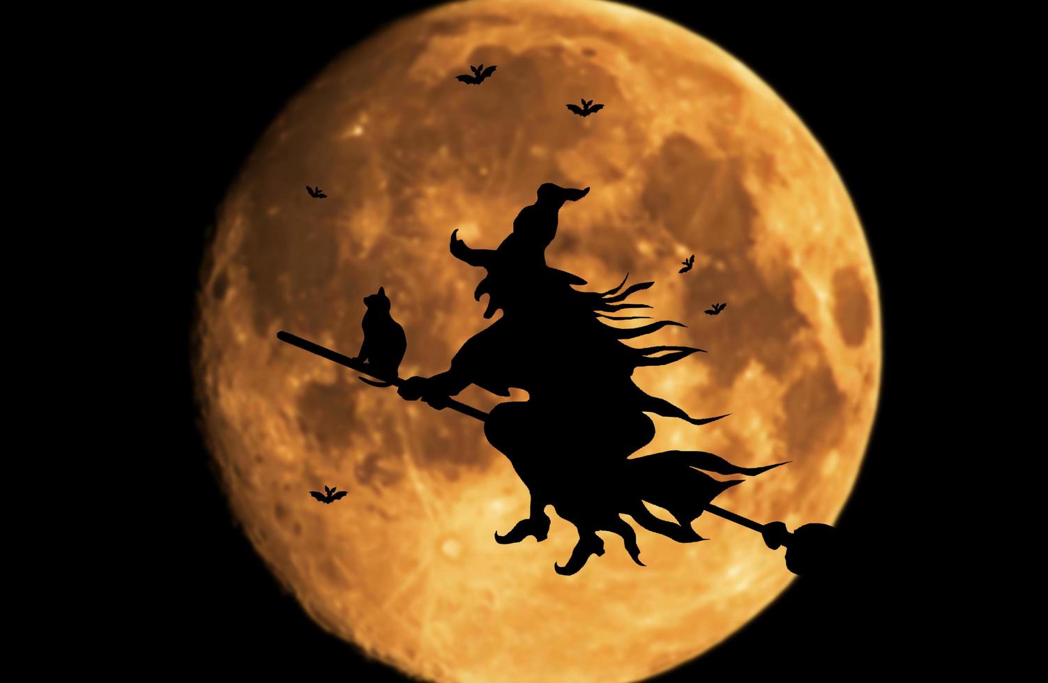 A witch riding a broom on the sky on halloween night. photo