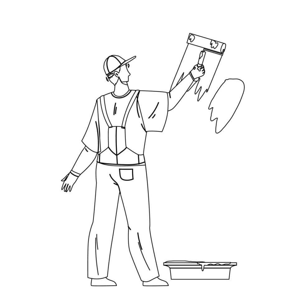 Painter Man Painting Wall With Roller Tool Vector