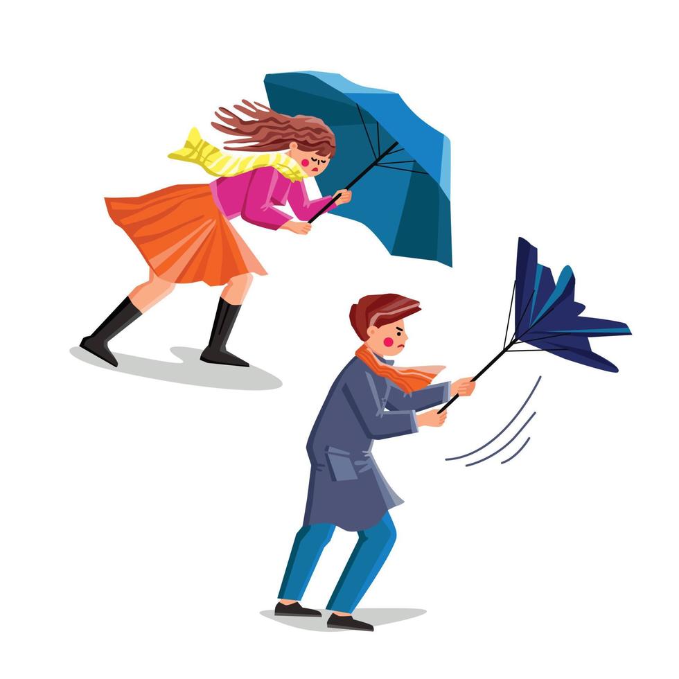 Windy Weather People Try Holding Umbrella Vector