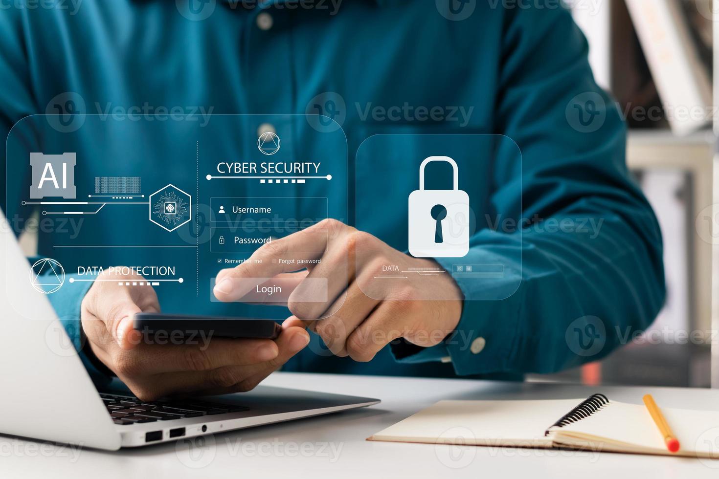 cybersecurity concept, user privacy security and encryption, secure internet access Future technology and cybernetics, screen padlock. photo