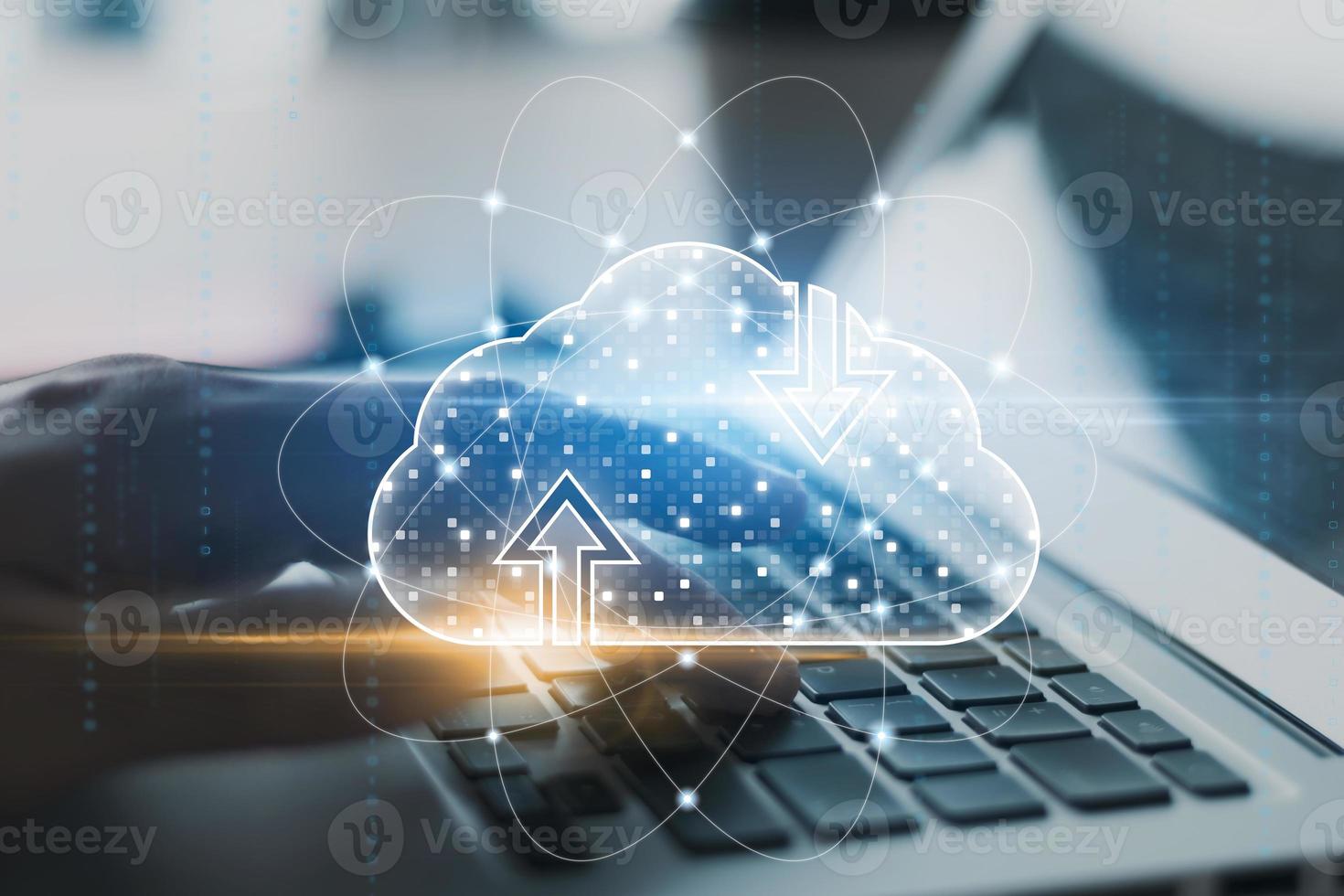 Cloud computing and online storage technologies, cloud computing and communications, connection to Internet server services for data transfer and data management. photo