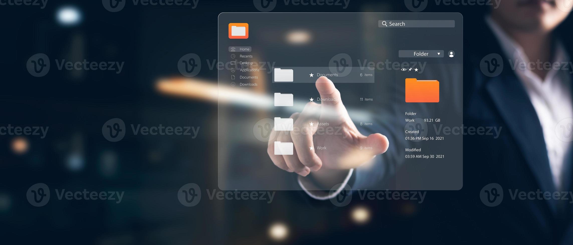 virtual screen icon Document Management System DMS, business developer hands-on touch screen virtual system for organizing online document databases, searching managing files and data efficiently. photo