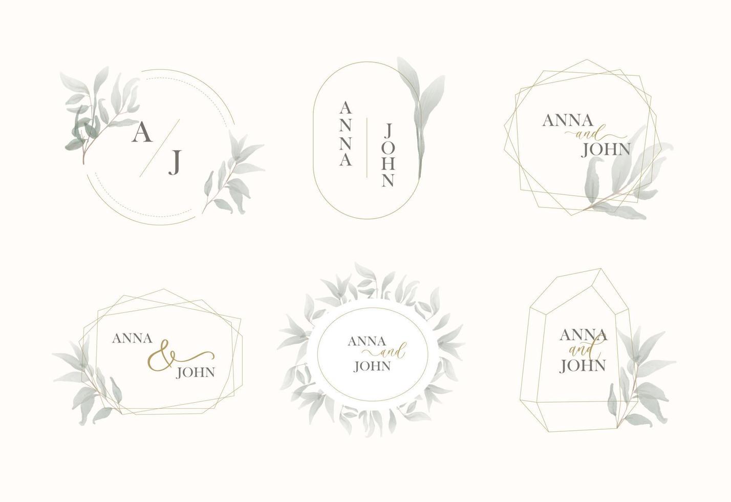 conjunto de monograma de boda, marco dorado con logotipo con hojas verdes de acuarela. vector
