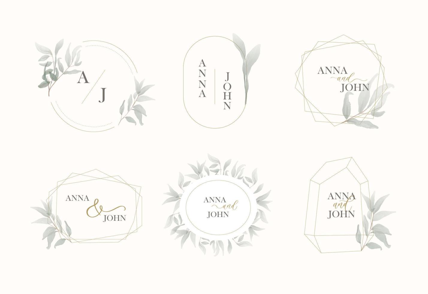 Set of Wedding monogram, logo golden frame with green watercolor leaves. vector