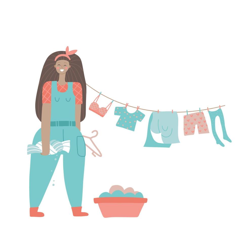 Woman hanging wet fresh laundry on ropes with clothespin to dry on air and wind. Female person with clothes, linen on clothesline outdoors. Flat hand drawn vector illustration isolated on white.