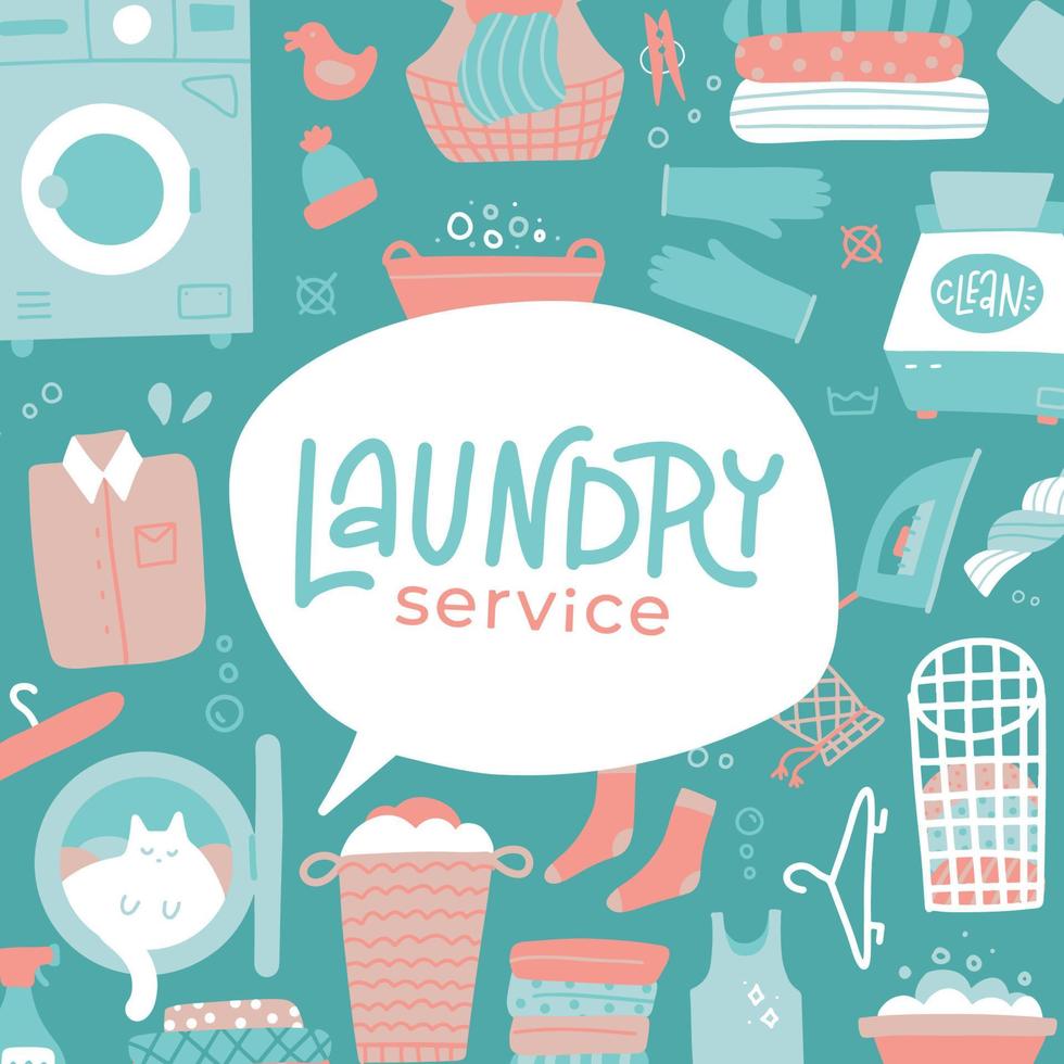 Laundry service banner with flat icons and lettering. Laundry service equipment, washing machine, garment steaming. Square launderette template poster with bubble. Flat hand drawn vector illustration