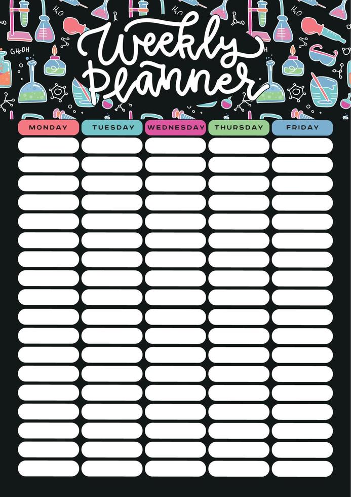 School weekly planner template with chemistry laboratory elements. Timetable for students or pupils with 5 days of week and free spaces for notes. Hand drawn vector illustration. A4 printable template