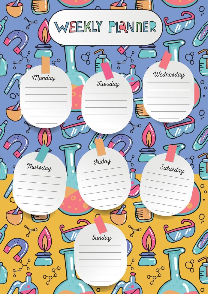 Modern weekly planner template with doodle abstract chemical background for stationery, daily plans and schedules.Hand drawn flask, laboratory text tube. Doodle vector illustration. A4 printable sheet