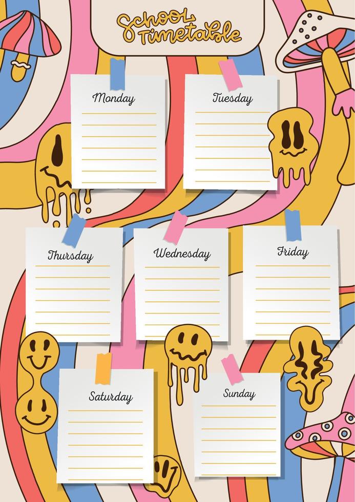 School timetable with retro melting emoji happy face over 70s rurreal background. All days of the week. Linear hand drawn illustration. A4 size printable template vector