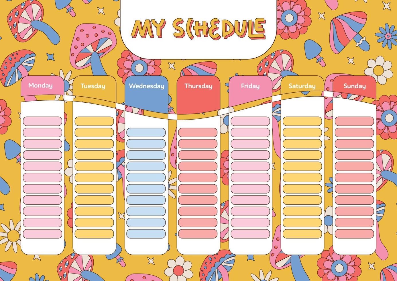 Education timetable schedule. Vintage 70s magic mushrooms in hippie style. Weekly school timetable, study plan or week planner of student classes with psychedelic mushrooms. A4 size printable template vector