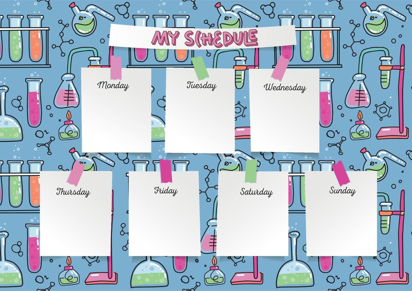 My schedule template with school science supplies in a doodle style. Microscope, test tube, planner notebook and books on a blue background.Hand drawn vector illustration. A4 CMYK printable template.