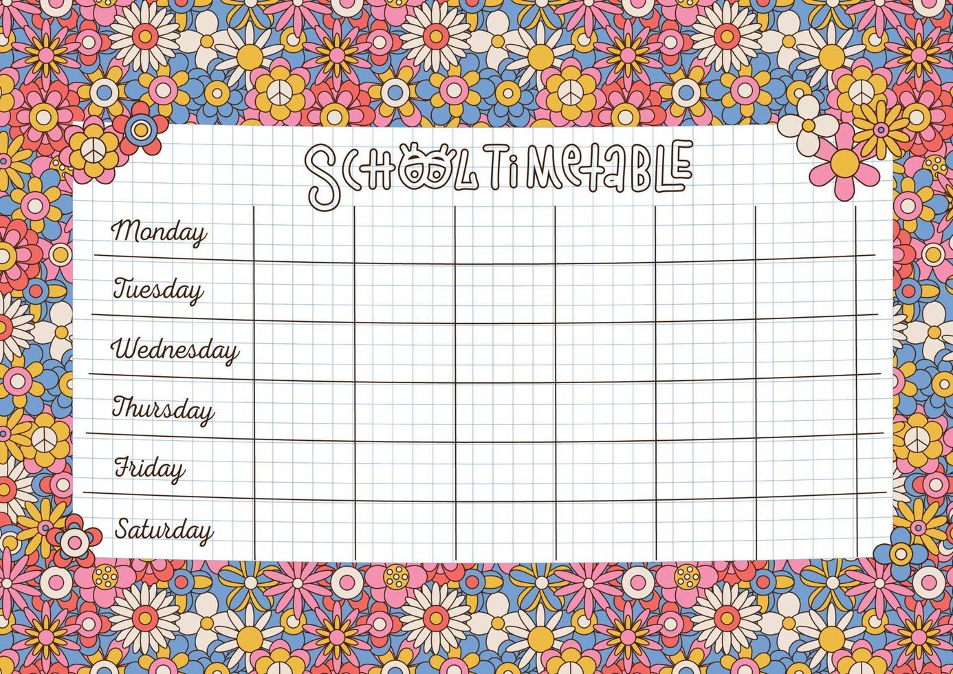 Kids School timetable with checkered sheet on the background of 70s retro flowers, different hippie daisy. Bright vintage design. Linear hand drawn illustration. A4 size printable template vector