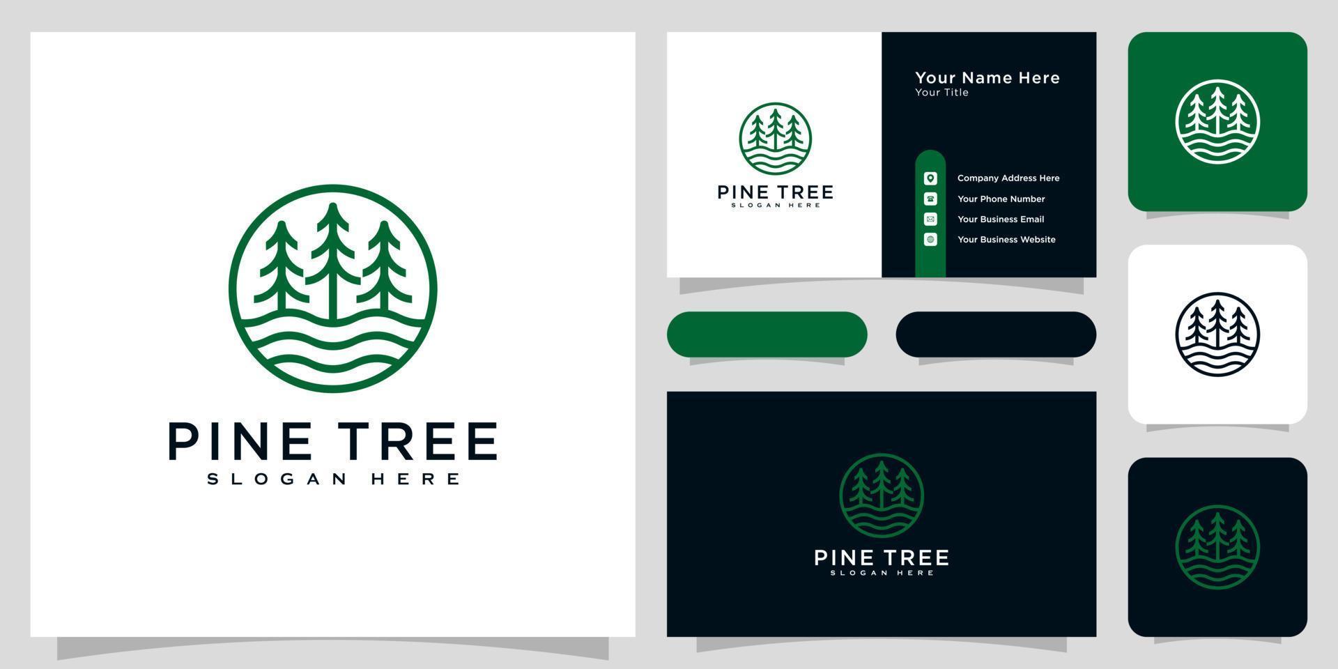vector de logotipo de pino y río y tarjeta de visita