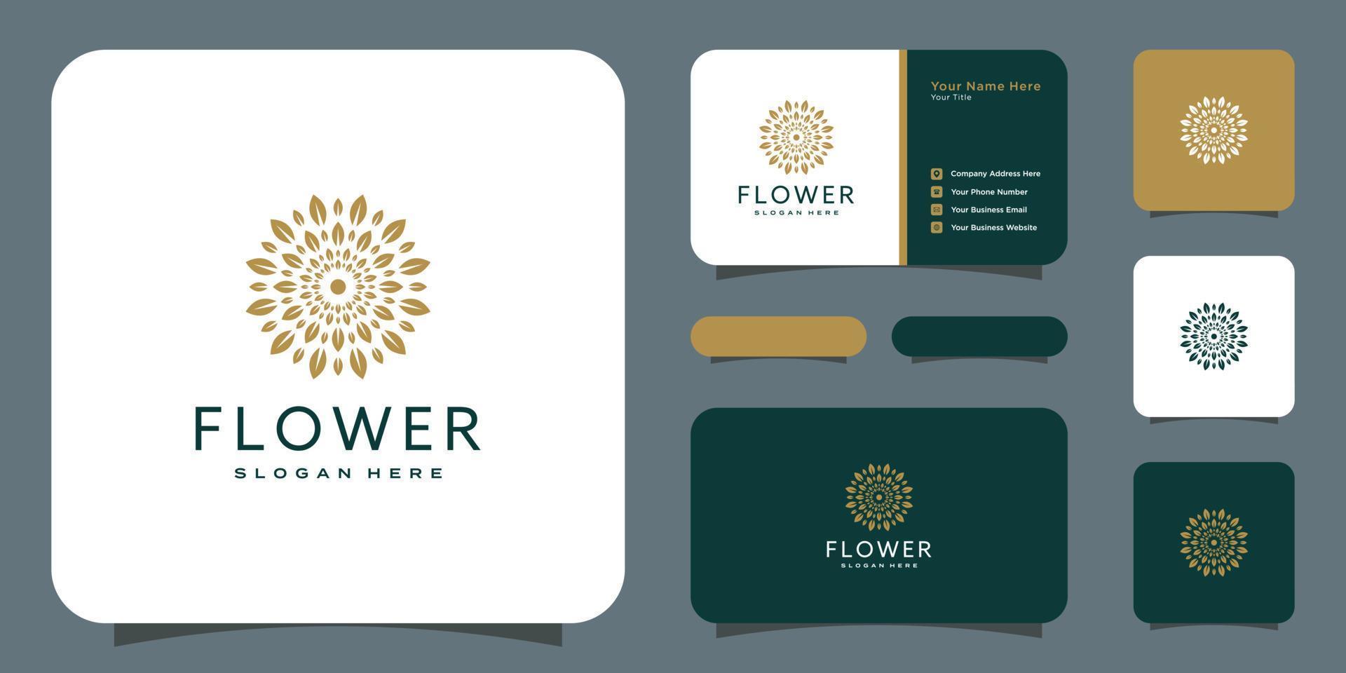 Flower mono line luxury logo with business card design vector