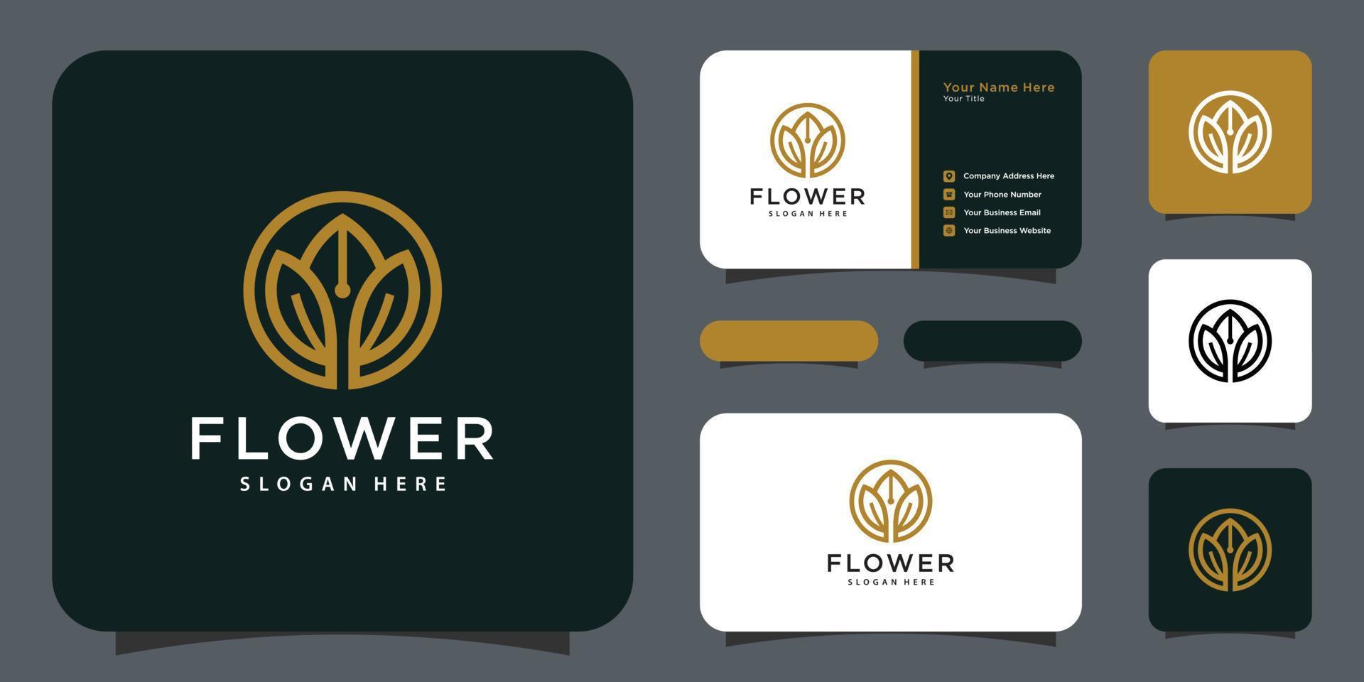 Flower mono line luxury logo with business card design vector