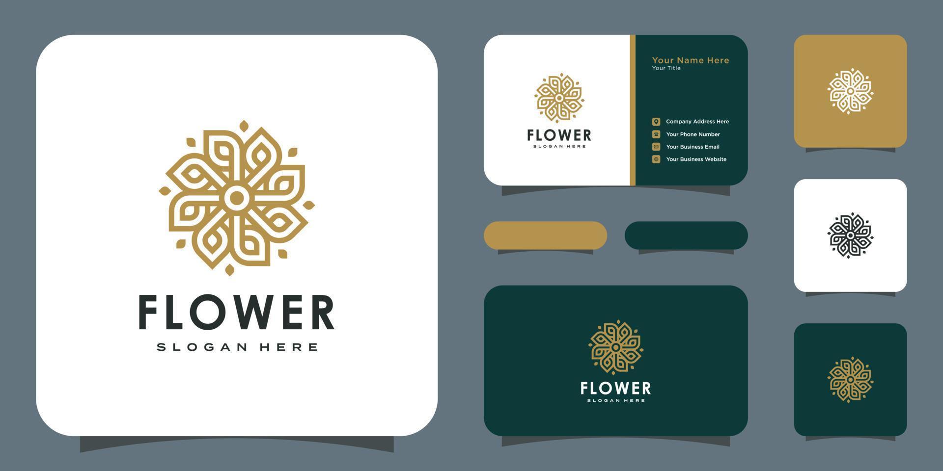 Flower mono line luxury logo with business card design vector