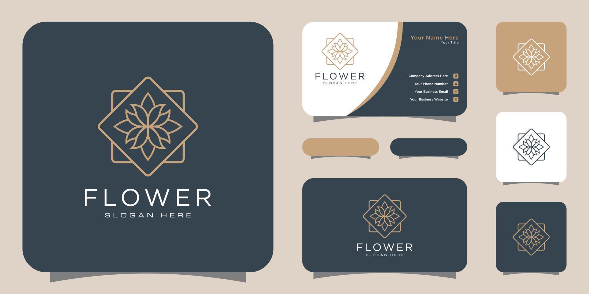 Flower mono line luxury logo with business card design vector