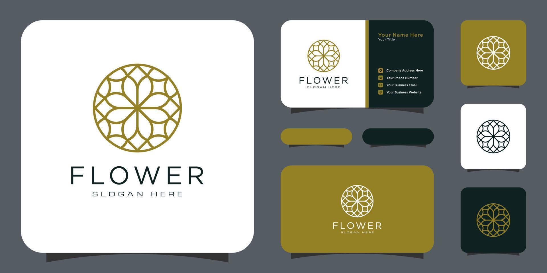 Flower mono line luxury logo with business card design vector