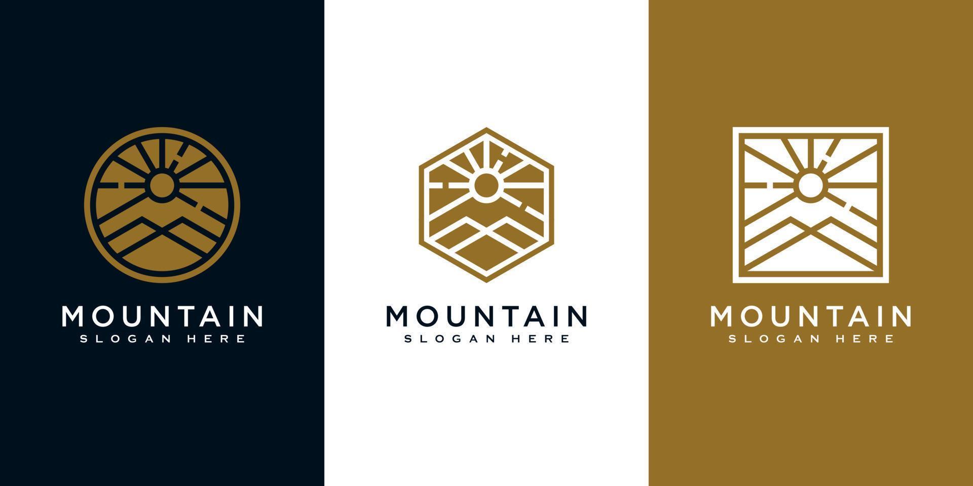 conjunto de montaña con diseño de logotipo de luz solar vector