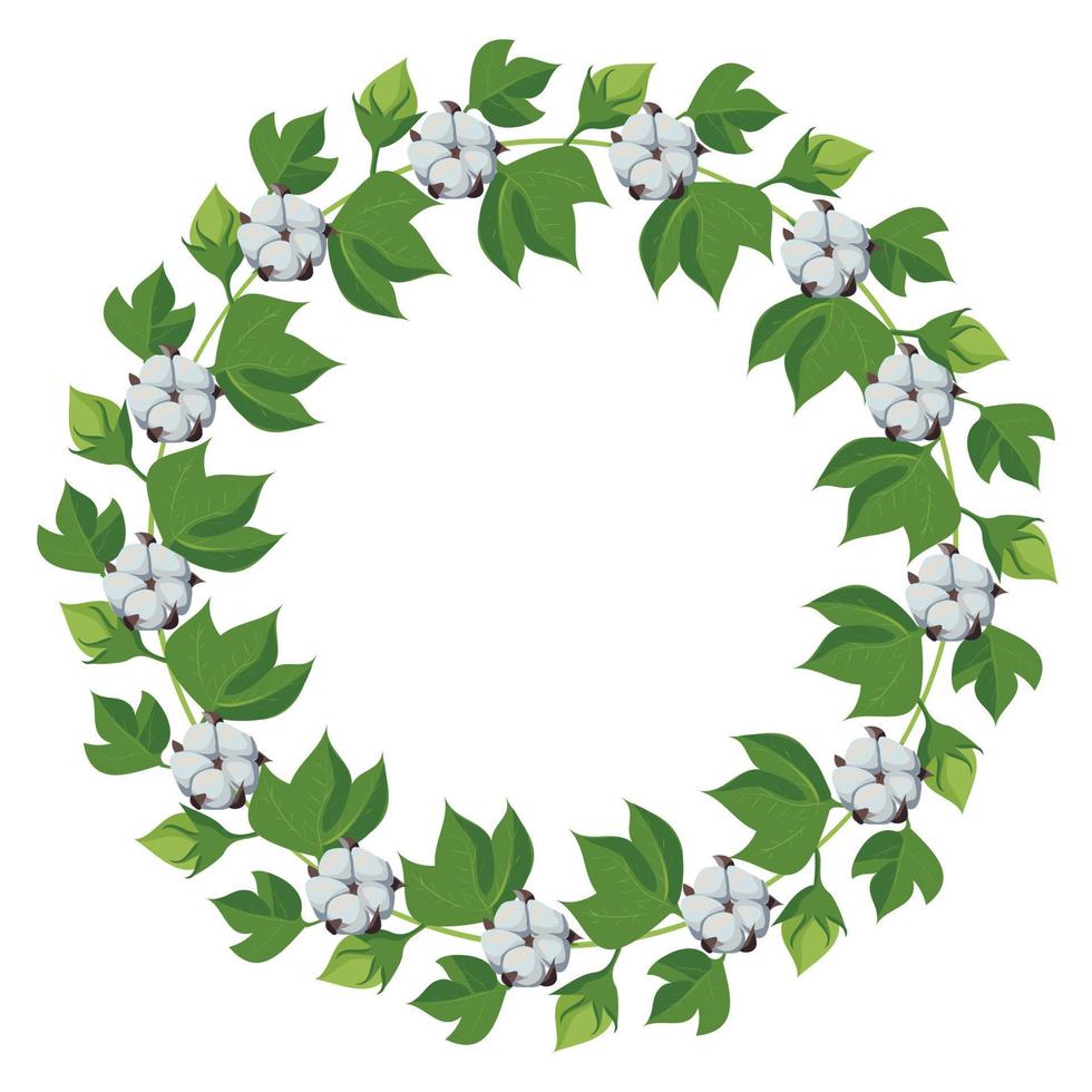 Wreath of flowers and leaves of organic cotton. Vector illustration isolated on white background. Suitable for design wedding, greeting, invitation cards.