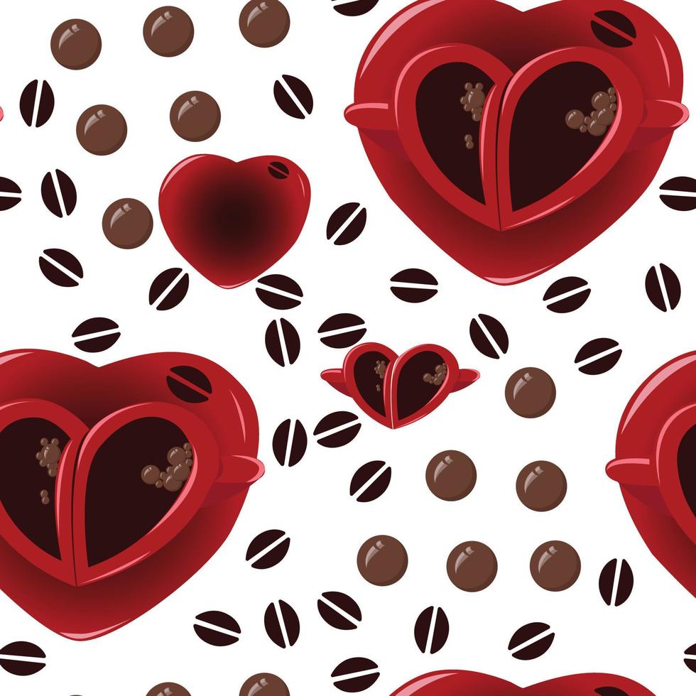 Two paired red cups of coffee on a heart-shaped saucer. Bubbles from foam and coffee grains. Romance. Cartoon. Seamless pattern. Vector illustration.