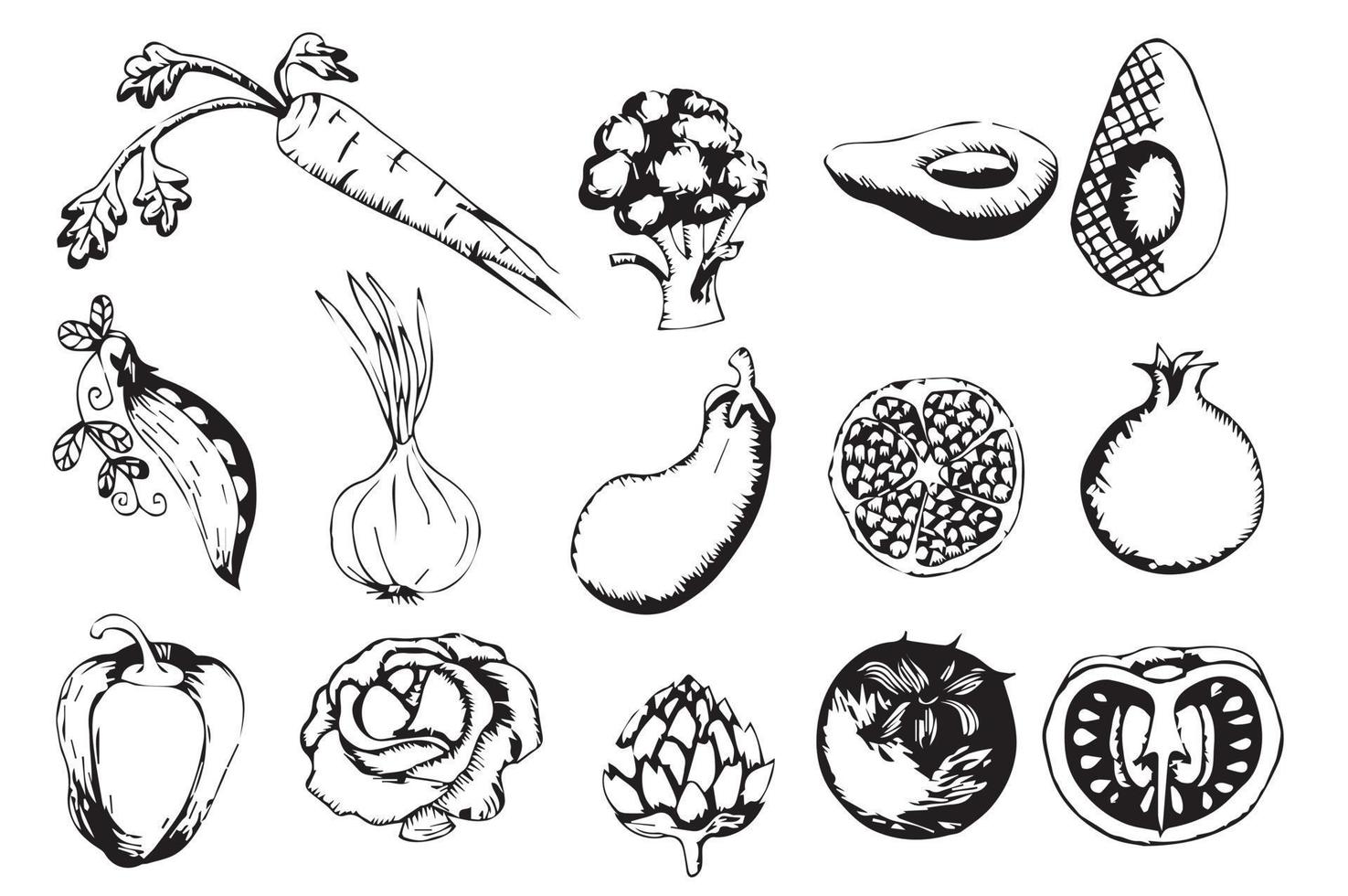 Set of monochrome hand drawn vegetables. Graphics. Vector illustration isolated on white background.