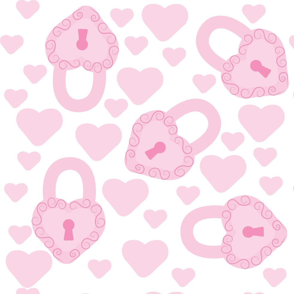 Pink decorative lock in the shape of a heart. Seamless  pattern. Pattern for romantic design. Vector illustration isolated on white background.