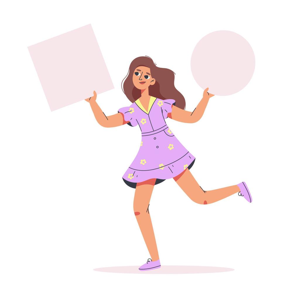 Woman carrying a blank placard with a place for text. Lady showing blank poster. Girl with a poster Isolated flat vector illustration.
