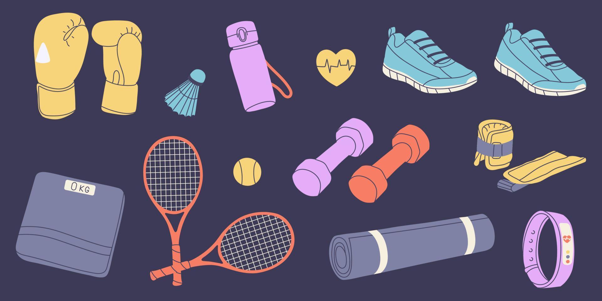 Set of elements for training in the gym. Yoga mat, boxing gloves, dumbbells, rackets.Various sport inventory set. Isolated flat vector illustration.