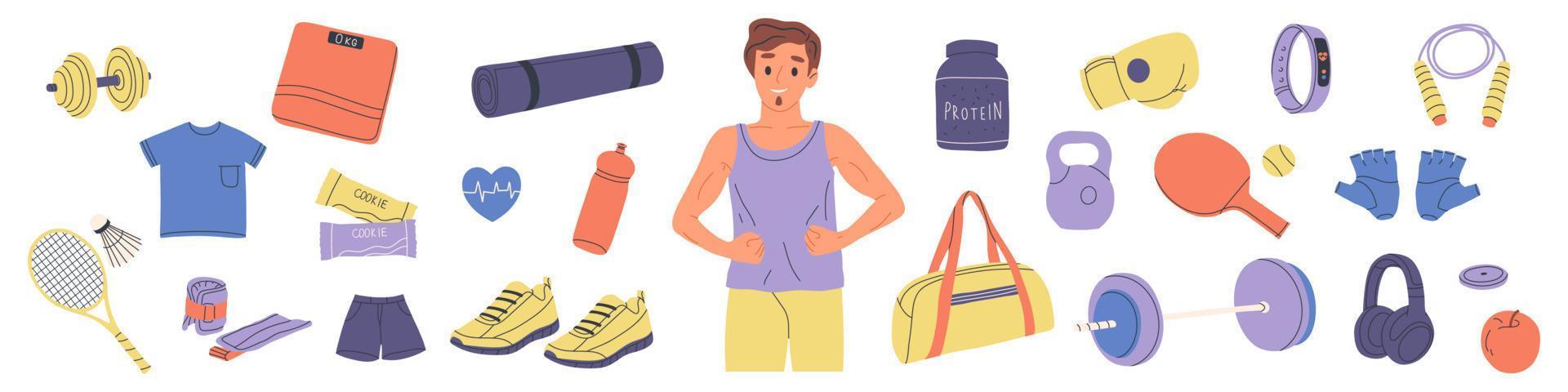 Young guy and items for sports. Kettlebell, gym bag, barbell, racket. Workout stuff bundle. Isolated flat vector illustration.