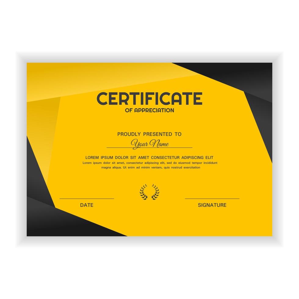 plantilla de premio de certificado de reconocimiento creativo con color amarillo vector