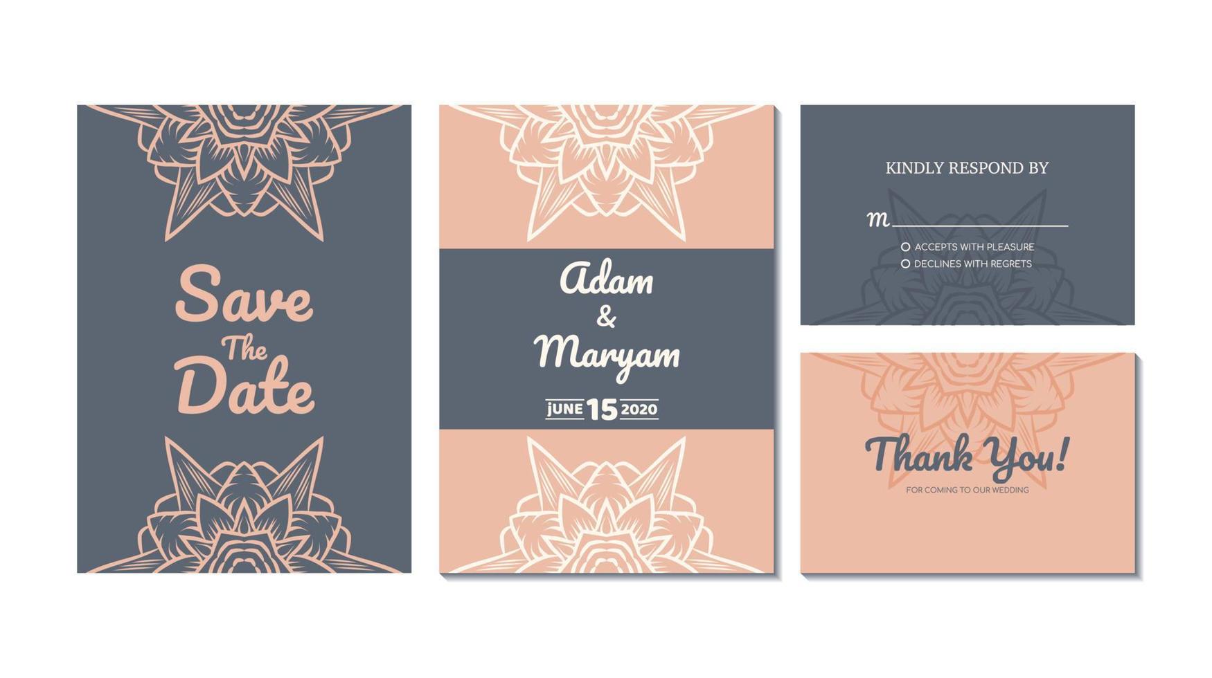 set cover content wedding invitation card with mandala, abstract frame background decoration ornament mockup greeting celebration rustic template vector illustration