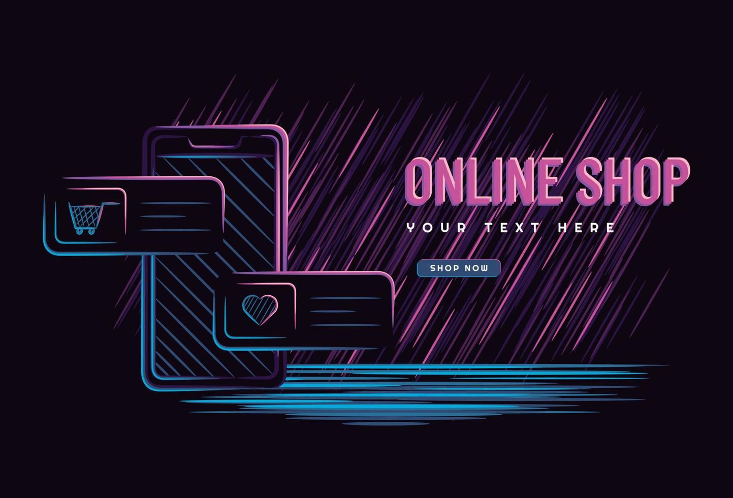 Illustration vector graphic of online shop concept with smartphone on dark neon style. perfect for website, landing page, banner, poster