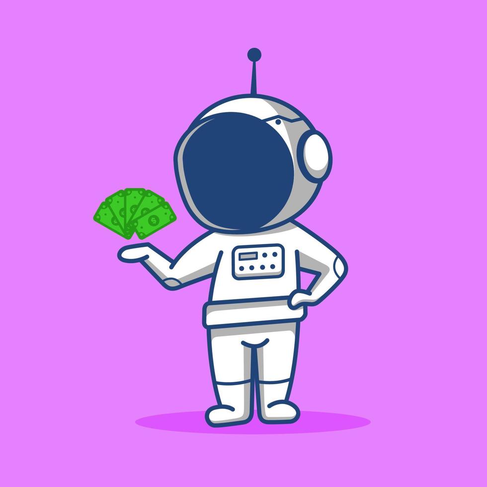 cartoon chibi astronaut holding a lot of money in his hands vector
