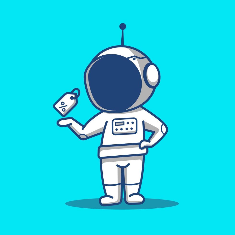 cartoon chibi astronaut holding a discounted price tag in his hand vector