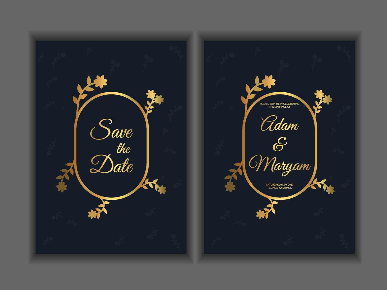 Greeting card design, wedding invitations, rsvp or template for writers competition diploma with golden frame and flower on a dark turquoise background vector