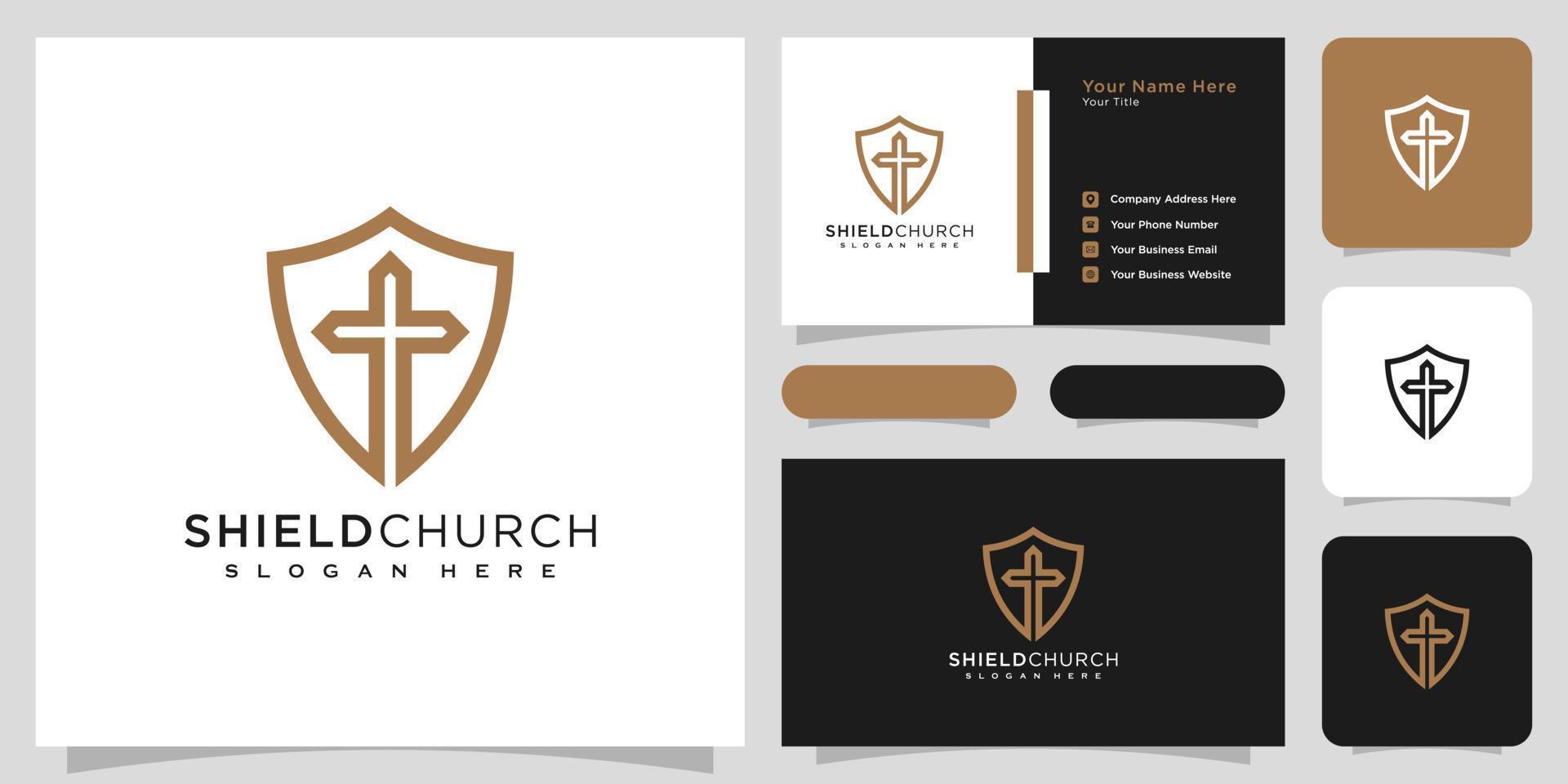 diseño de vector de logotipo de estilo de línea de iglesia de escudo y tarjeta de visita