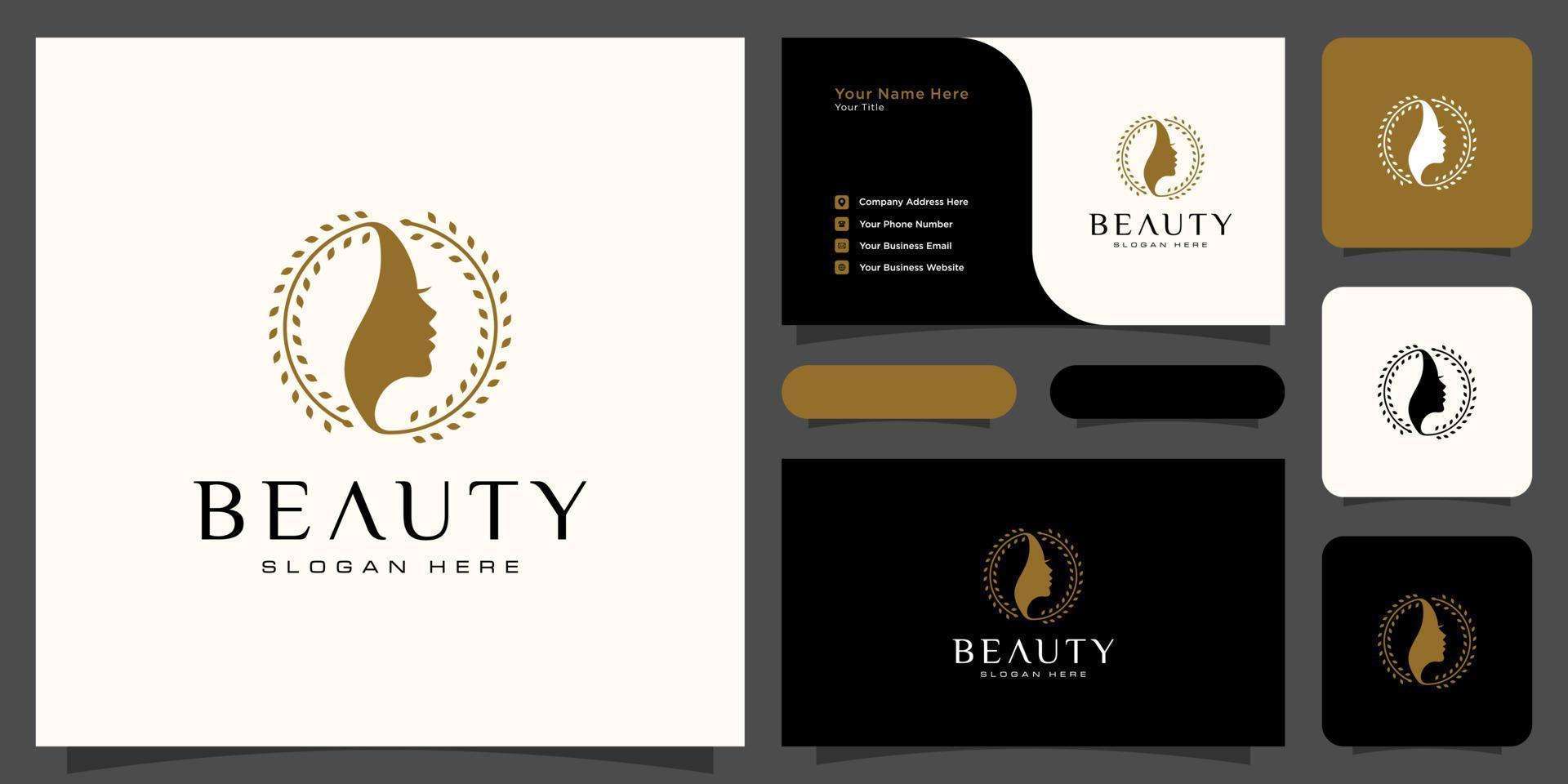 Beauty woman hairstyle logo design with business card for nature people salon elements vector