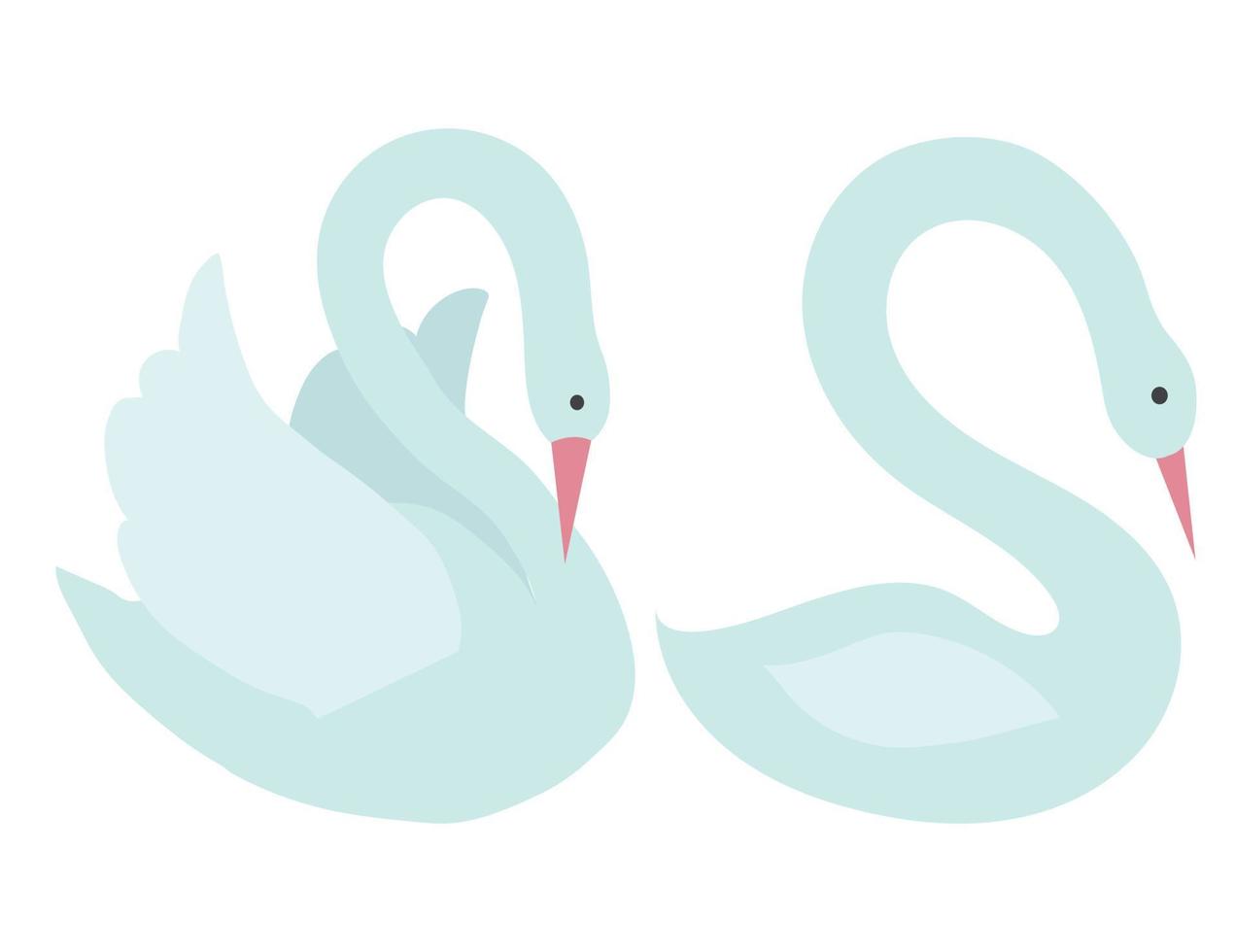 Two white swans in cartoon style. Vector stock illustration isolated on white background.