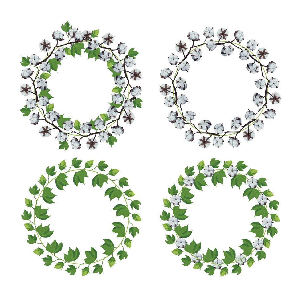un conjunto de coronas de flores y hojas de algodón orgánico. ilustración vectorial aislado sobre fondo blanco. adecuado para el diseño de bodas, saludos, tarjetas de invitación. vector