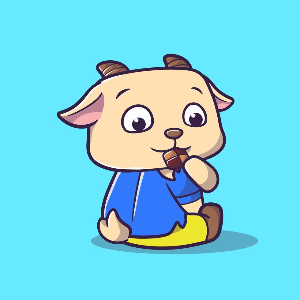cute goat eating biscuit cartoon mascot style vector