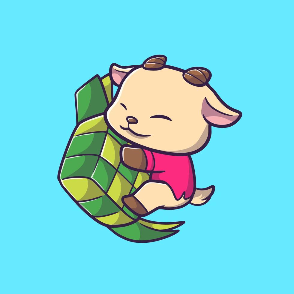 cute goat holding a big ketupat cartoon mascot style vector