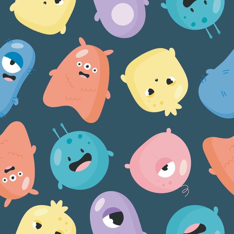 Pattern with Cute Monsters. Illustration in vector. For greeting card, posters, banners, the card or stick, printing on the pack, printing on clothes, fabric, wallpaper. vector