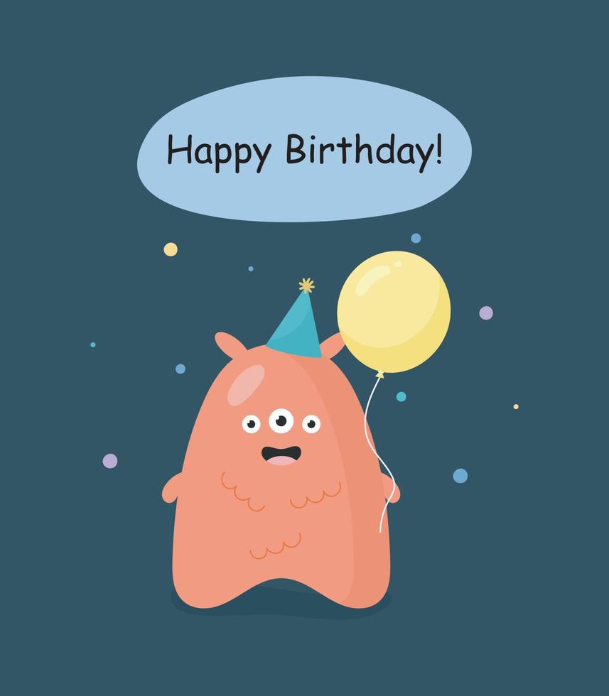 Cute Monster with balloon. Cartoon style. Vector illustration. For card, posters, banners, children books, printing on the pack, printing on clothes, fabric, wallpaper, textile or dishes.