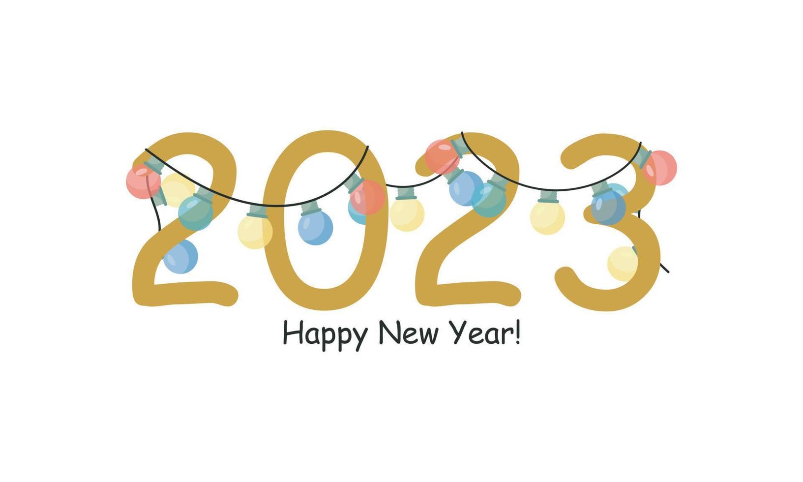 Merry Christmas and Happy New Year design with 2023 numbers and garland of light bulbs. Vector illustration.