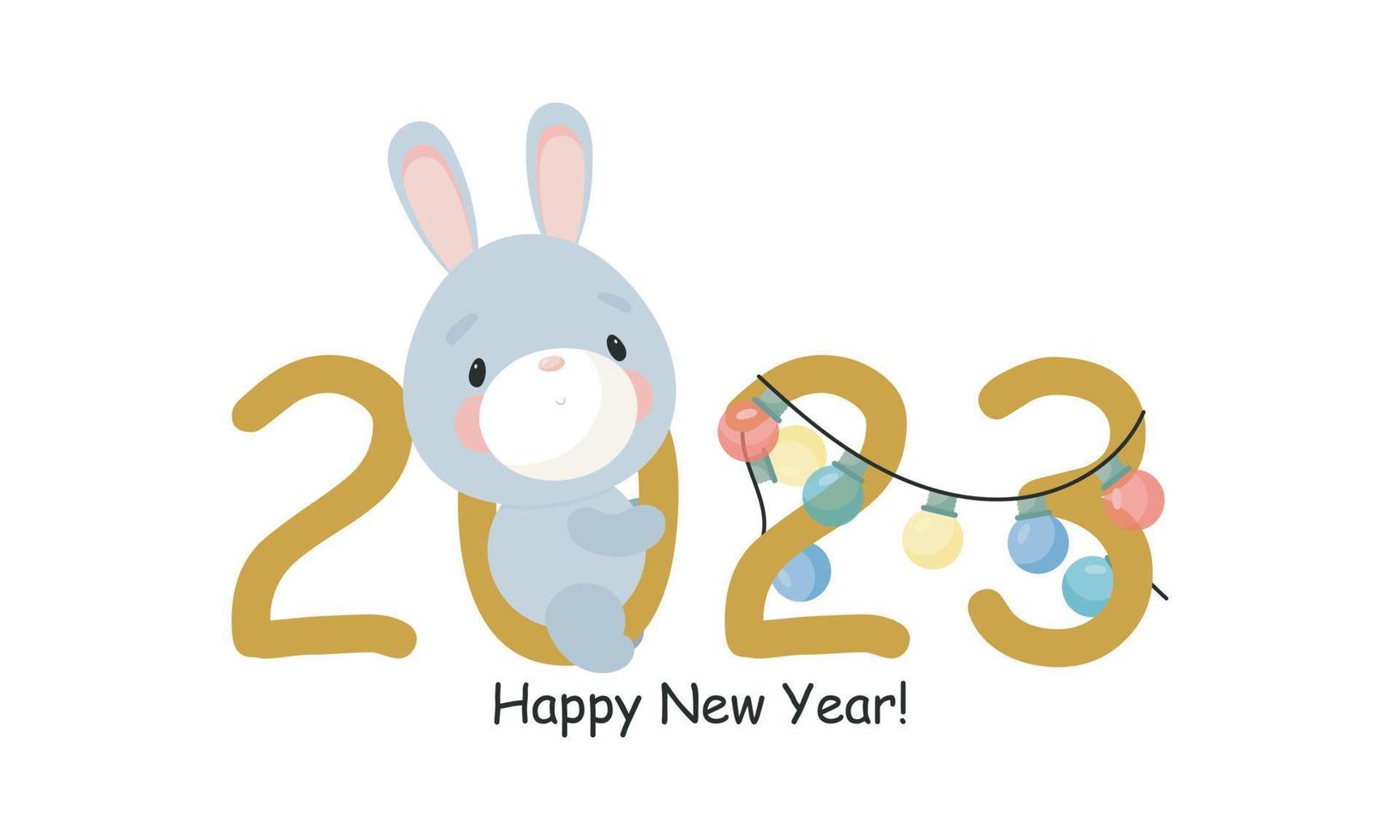Cute Rabbit with numbers 2023. For card, posters, banners, calendar, invitations. Vector illustration in cartoon style.