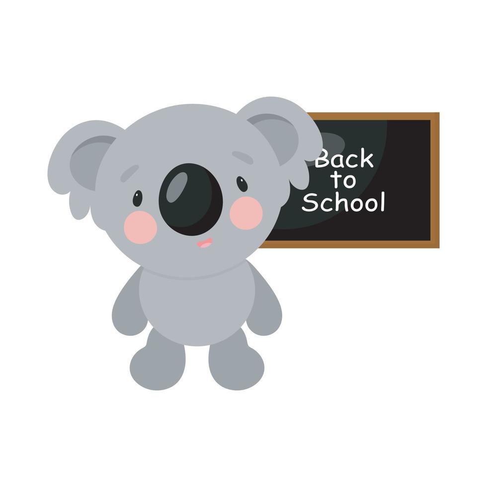 Cute Koala at the Blackboard. Cartoon style. Vector illustration. For card, posters, banners, books, printing on the pack, printing on clothes, fabric, wallpaper, textile or dishes.