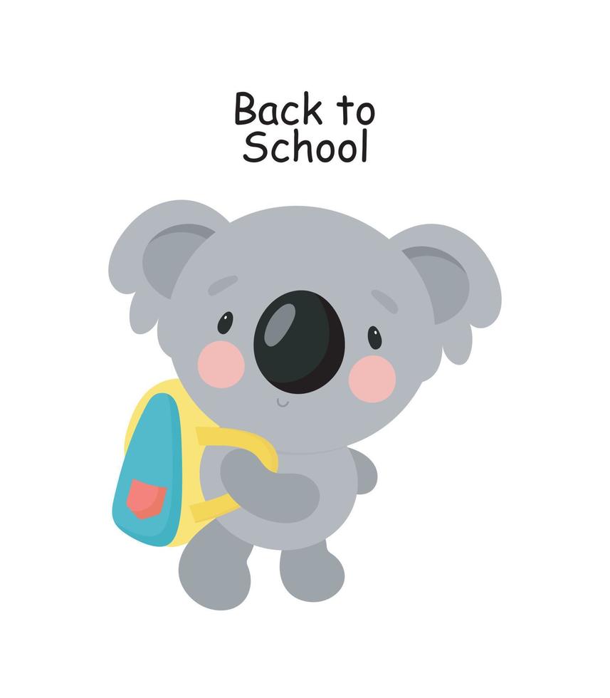 lindo koala con mochila escolar. estilo de dibujos animados ilustración vectorial para tarjetas, carteles, pancartas, libros, impresión en el paquete, impresión en ropa, tela, papel tapiz, textil o platos. vector